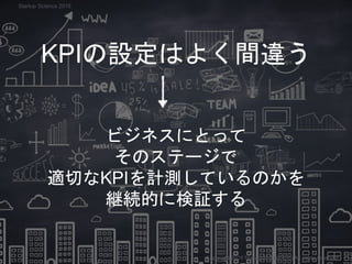 KPIの設定はよく間違う
ビジネスにとって
そのステージで
適切なKPIを計測しているのかを
継続的に検証する
Copyright 2018 Masayuki Tadokoro All rights reserved
Startup Scien...