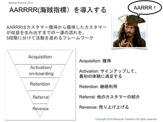 AARRRR(海賊指標）を導入する
Acquisition: 獲得
Activation: サインアップして、
最初の体験に満足する
Retention: 継続利用
Referral: 他のカスタマーの紹介
Revenue: 売り上げ上げる
A...