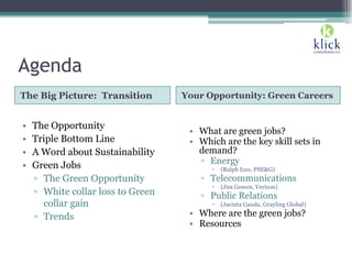 Agenda
The Big Picture: Transition Your Opportunity: Green Careers
• The Opportunity
• Triple Bottom Line
• A Word about Sustainability
• Green Jobs
▫ The Green Opportunity
▫ White collar loss to Green
collar gain
▫ Trends
• What are green jobs?
• Which are the key skill sets in
demand?
▫ Energy
 (Ralph Izzo, PSE&G)
▫ Telecommunications
 (Jim Gowen, Verizon)
▫ Public Relations
 (Jacinta Gauda, Grayling Global)
• Where are the green jobs?
• Resources
 