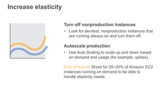Increase elasticity
Turn off nonproduction instances
• Look for dev/test, nonproduction instances that
are running always-...