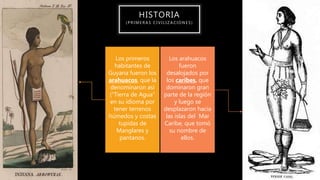 HISTORIA
( P R I M E R A S C I V I L I Z A C I O N E S )
Los primeros
habitantes de
Guyana fueron los
arahuacos, que la
denominaron así
("Tierra de Agua"
en su idioma por
tener terrenos
húmedos y costas
tupidas de
Manglares y
pantanos.
Los arahuacos
fueron
desalojados por
los caribes, que
dominaron gran
parte de la región
y luego se
desplazaron hacia
las islas del Mar
Caribe, que tomó
su nombre de
ellos.
 