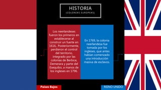 HISTORIA
( C O L O N I A S E U R O P E A S )
Los neerlandeses
fueron los primeros en
establecerse al
construir un fuerte en
1616,. Posteriormente,
perdieron el control
del territorio,
integrado por las
colonias de Berbice,
Demerara y parte del
Esequibo, a manos de
los ingleses en 1796.
En 1769, la colonia
neerlandesa fue
tomada por los
ingleses, que antes
habían comenzado
una introducción
masiva de esclavos.
Países Bajos REINO UNIDO
 