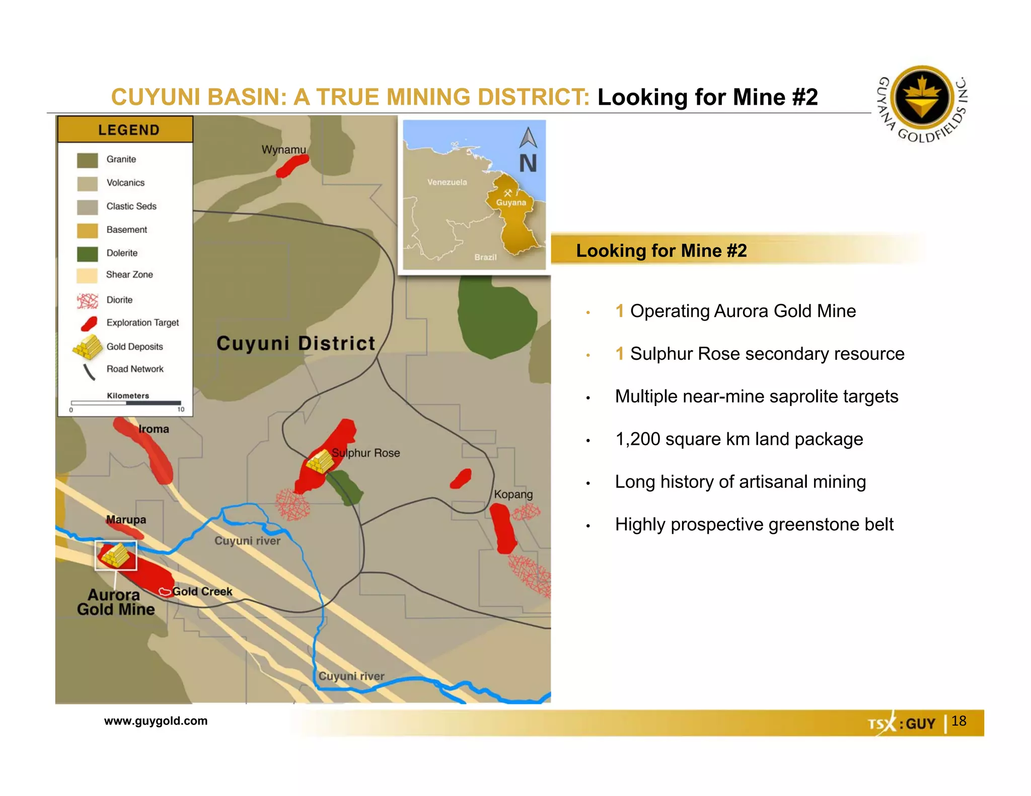 www.guygold.com 18
CUYUNI BASIN: A TRUE MINING DISTRICT: Looking for Mine #2
• 1 Operating Aurora Gold Mine
• 1 Sulphur Rose secondary resource
• Multiple near-mine saprolite targets
• 1,200 square km land package
• Long history of artisanal mining
• Highly prospective greenstone belt
Looking for Mine #2
 