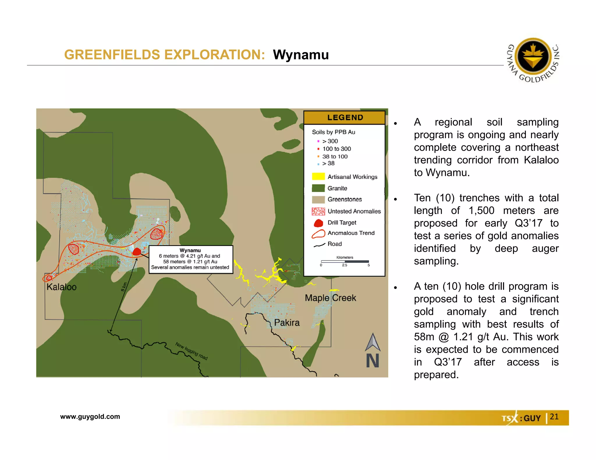 www.guygold.com 21
GREENFIELDS EXPLORATION: Wynamu
 A regional soil sampling
program is ongoing and nearly
complete covering a northeast
trending corridor from Kalaloo
to Wynamu.
 Ten (10) trenches with a total
length of 1,500 meters are
proposed for early Q3’17 to
test a series of gold anomalies
identified by deep auger
sampling.
 A ten (10) hole drill program is
proposed to test a significant
gold anomaly and trench
sampling with best results of
58m @ 1.21 g/t Au. This work
is expected to be commenced
in Q3’17 after access is
prepared.
 