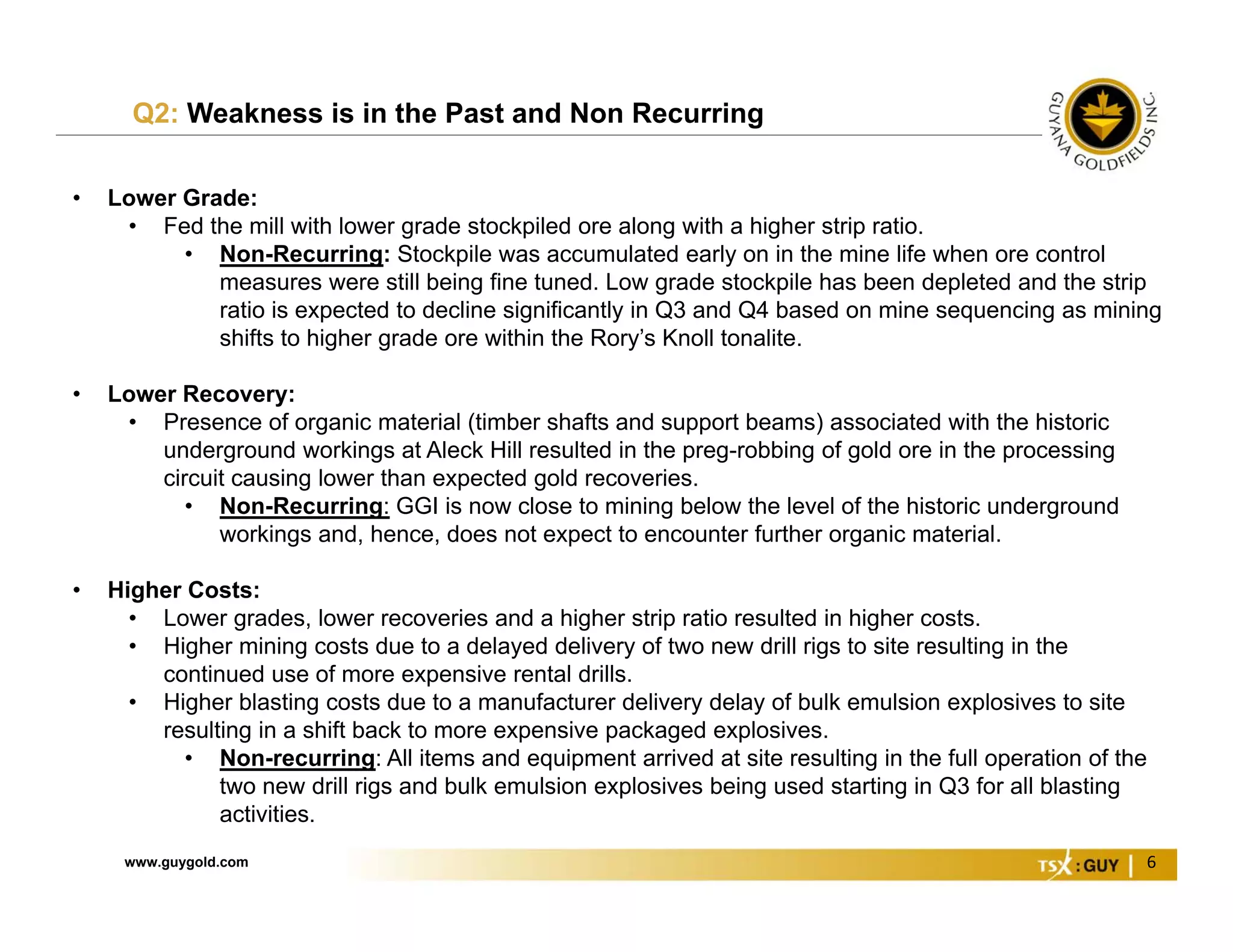 www.guygold.com 6
Q2: Weakness is in the Past and Non Recurring
• Lower Grade:
• Fed the mill with lower grade stockpiled ore along with a higher strip ratio.
• Non-Recurring: Stockpile was accumulated early on in the mine life when ore control
measures were still being fine tuned. Low grade stockpile has been depleted and the strip
ratio is expected to decline significantly in Q3 and Q4 based on mine sequencing as mining
shifts to higher grade ore within the Rory’s Knoll tonalite.
• Lower Recovery:
• Presence of organic material (timber shafts and support beams) associated with the historic
underground workings at Aleck Hill resulted in the preg-robbing of gold ore in the processing
circuit causing lower than expected gold recoveries.
• Non-Recurring: GGI is now close to mining below the level of the historic underground
workings and, hence, does not expect to encounter further organic material.
• Higher Costs:
• Lower grades, lower recoveries and a higher strip ratio resulted in higher costs.
• Higher mining costs due to a delayed delivery of two new drill rigs to site resulting in the
continued use of more expensive rental drills.
• Higher blasting costs due to a manufacturer delivery delay of bulk emulsion explosives to site
resulting in a shift back to more expensive packaged explosives.
• Non-recurring: All items and equipment arrived at site resulting in the full operation of the
two new drill rigs and bulk emulsion explosives being used starting in Q3 for all blasting
activities.
 