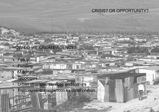 CRISIS? OR OPPORTUNITY?
HOW DO WE CREATE AGENCY?
• Policy
• Funding
• Materials
• Typologies
• Urban structure, services and system
• Procurement: competition vs collaboration
 