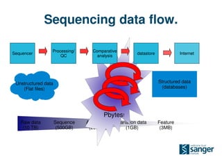 Sequencing data flow.

                 Processing/      Comparative
Sequencer                                                datastore             Internet
                     QC             analysis




 Unstructured data                                                   Structured data
    (Flat files)                                                      (databases)




                                       Pbytes!
   Raw data          Sequence   Alignments      Variation data       Feature
    (10 TB)           (500GB)    (200GB)            (1GB)             (3MB)
 