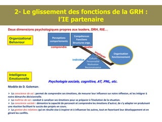 2- Le glissement des fonctions de la GRH :
                   l’IE partenaire
Deux dimensions psychologiques propres aux leaders, DRH, RIE…

                                                           Compétences
 Organizational                         Perceptions
                                                             Fonctions
 Behaviour                            comportements
                                                          Structures orga.
                                       comprendre                    ajuster

                                                                                                Organisation
                                                                                              fonctionnement
                                                                         Culture
                                                          individus
                                                                       Personnalité
                                                                        Réalisation
                                                                      Reconnaissance


 Intelligence
 Emotionnelle
                                    Psychologie sociale, cognitive, AT, PNL, etc.
Modèle de D. Goleman:

 La conscience de soi : permet de comprendre ses émotions, de mesurer leur influence sur notre réflexion, et les intégrer à
notre démarche décisionnelle.
 La maîtrise de soi : conduit à canaliser ses émotions pour se préparer à l’évolution de la situation.
 La conscience sociale : démontre la capacité de percevoir et comprendre les émotions d’autrui, de s’y adapter en produisant
une réaction facilitant le succès des projets en cours.
 La gestion des relations qui en résulte vise à inspirer et à influencer les autres, tout en favorisant leur développement et en
gérant les conflits.
 