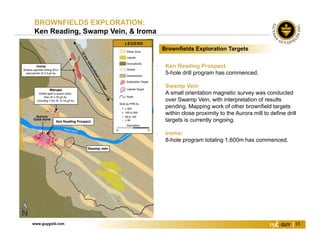 www.guygold.com 15
BROWNFIELDS EXPLORATION:
Ken Reading, Swamp Vein, & Iroma
Brownfields Exploration Targets
• Ken Reading Prospect
5-hole drill program has commenced.
• Swamp Vein
A small orientation magnetic survey was conducted
over Swamp Vein, with interpretation of results
pending. Mapping work of other brownfield targets
within close proximity to the Aurora mill to define drill
targets is currently ongoing.
• Iroma:
8-hole program totaling 1,600m has commenced.
Ken Reading Prospect
 