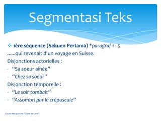 Segmentasi Teks
   1ère séquence (Sekuen Pertama) *paragraf 1 - 5
  ......qui revenait d'un voyage en Suisse.
  Disjonctions actorielles :
  - “Sa soeur aînée”
  - “Chez sa soeur”
  Disjonction temporelle :
  - “Le soir tombait”
  - “Assombri par le crépuscule”

Guy de Maupassant "Claire de Lune"
 