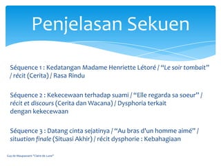 Penjelasan Sekuen
  Séquence 1 : Kedatangan Madame Henriette Létoré / “Le soir tombait”
  / récit (Cerita) / Rasa Rindu

  Séquence 2 : Kekecewaan terhadap suami / “Elle regarda sa soeur” /
  récit et discours (Cerita dan Wacana) / Dysphoria terkait
  dengan kekecewaan

  Séquence 3 : Datang cinta sejatinya / “Au bras d'un homme aimé” /
  situation finale (Situasi Akhir) / récit dysphorie : Kebahagiaan

Guy de Maupassant "Claire de Lune"
 