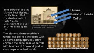 Time ticked on and the
plotters kept digging...
until in March 1605
they had a stroke of
luck. A cellar
underneath the House
of Lords came up for
rent.

Throne
House of Lords
Cellar
Cross-section of the House of Lords, by
Sir John Soane, 1794. Parliamentary
Archives

The plotters abandoned their
tunnel and packed the cellar with
36 barrels of gunpowder. They
covered the huge heap of barrels
with bundles of firewood, just in
case anyone looked inside.

 