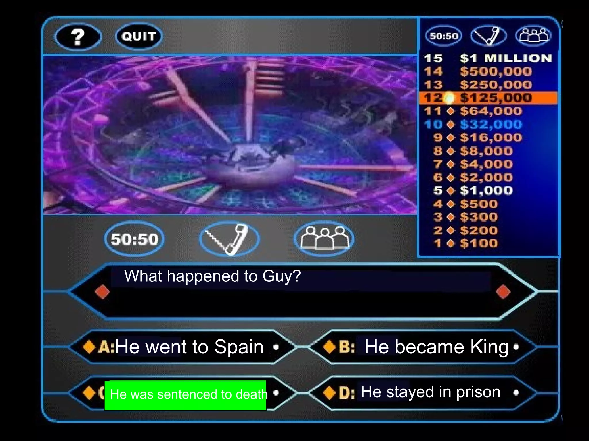 What happened to Guy?
He went to Spain He became King
He was sentenced to death He stayed in prison