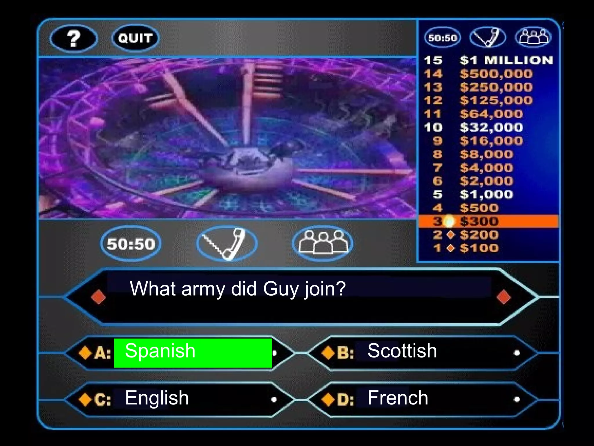 What army did Guy join?
Spanish Scottish
English French
