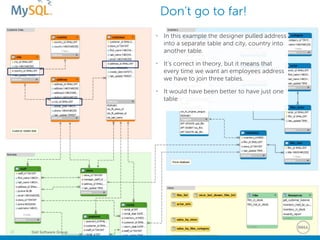 Dell Software Group21
Don’t go to far!
• In this example the designer pulled address
into a separate table and city, country into
another table.
• It’s correct in theory, but it means that
every time we want an employees address
we have to join three tables.
• It would have been better to have just one
table
 