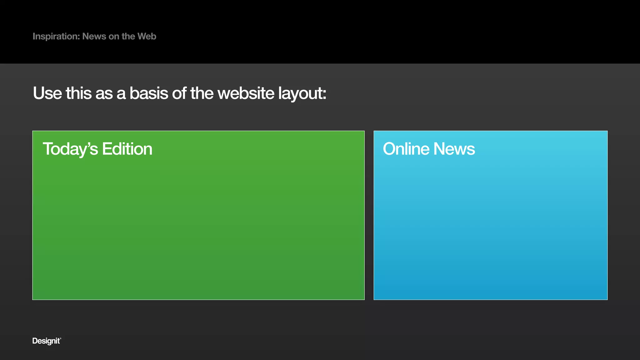Digit
Inspiration: News on the Web
The ‘edition’ part includes the same content as
the printed edition, in layouts and structure that
are designed to work well digitally.
2015
 