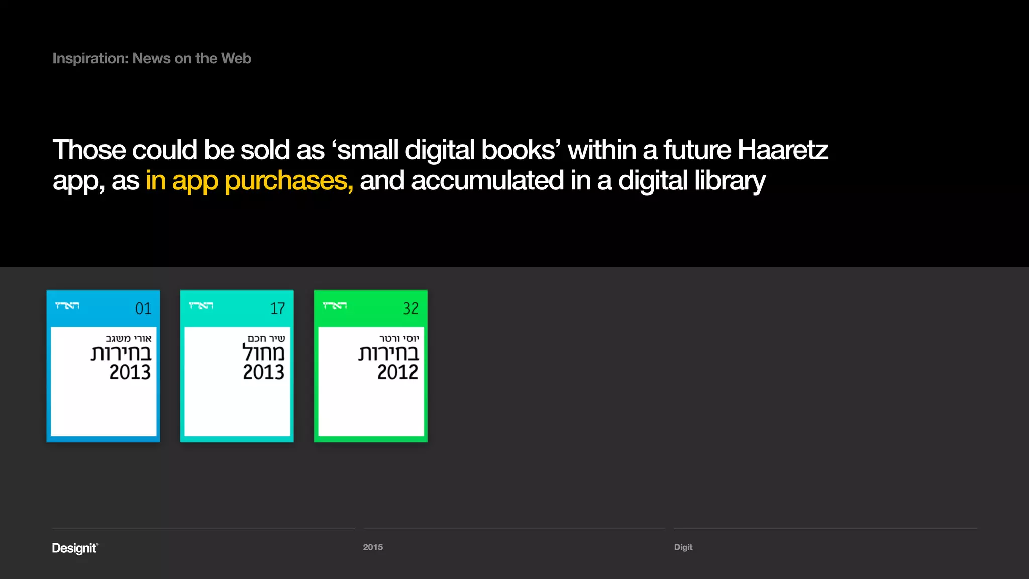 Digit
Inspiration: News on the Web
And a new feature inside ‘NYT Premier’ is
called TBooks
2015
 