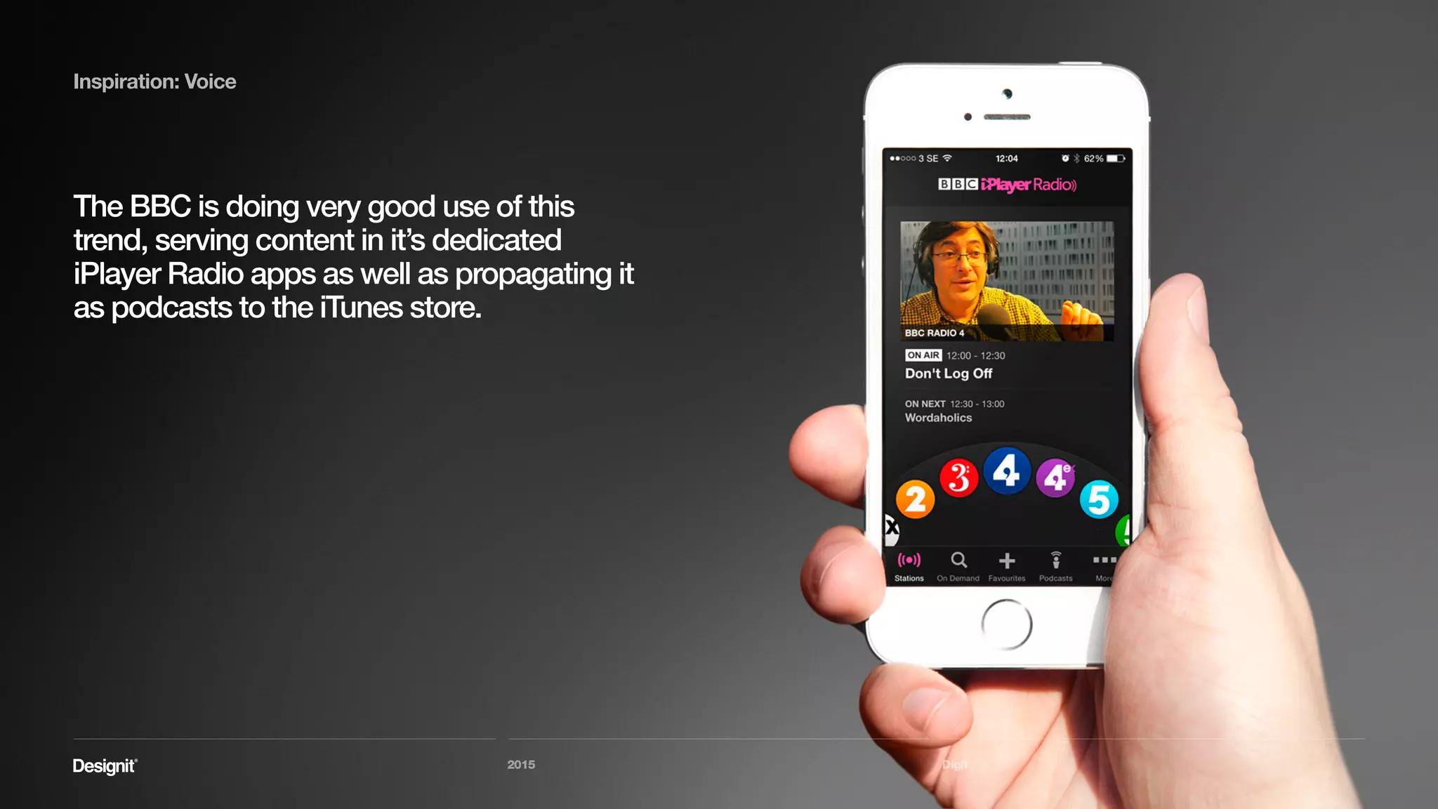 Digit
Inspiration: Voice
For some people, this channel complements many daily activities:
Commuting, walking the dog, exercising, washing dishes, etc.
2015
 