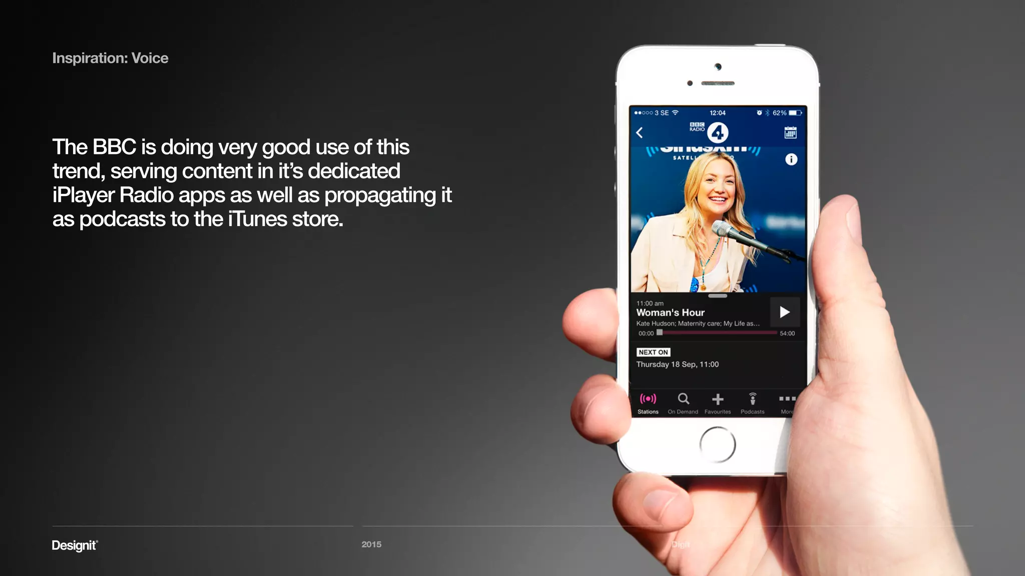 Digit
Inspiration: Voice
I use podcasts and the BBC radio app as a
learning tool: you can look up content on ‘color
theory’ and get a list of things to listen to.
2015
which brings us to the next point.
 