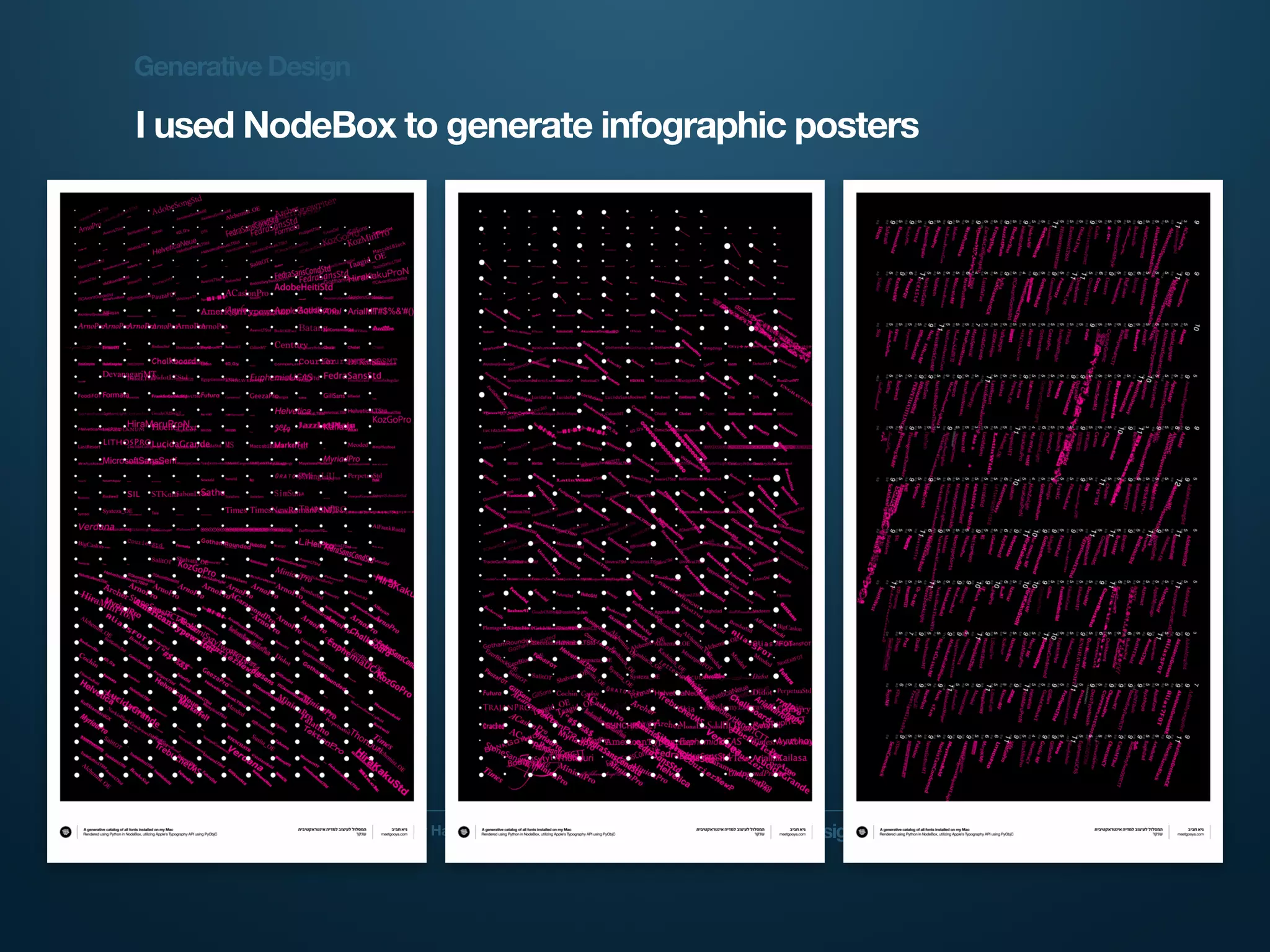 Generative Design

I used NodeBox to generate infographic posters




Generative Design   Guy Haviv         Designit
 