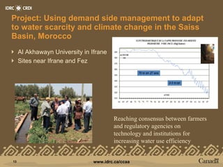 Project: Using demand side management to adapt to water scarcity and climate change in the Saiss Basin, Morocco Al Akhawayn University in Ifrane Sites near Ifrane and Fez Reaching consensus between farmers and regulatory agencies on technology and institutions for increasing water use efficiency  