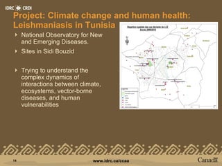 Project: Climate change and human health: Leishmaniasis in Tunisia National Observatory for New and Emerging Diseases. Sites in Sidi Bouzid Trying to understand the complex dynamics of interactions between climate, ecosystems, vector-borne diseases, and human vulnerabilities 