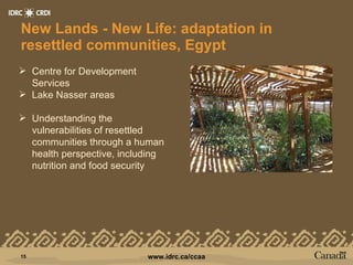 New Lands - New Life: adaptation in resettled communities, Egypt Centre for Development Services Lake Nasser areas Understanding the vulnerabilities of resettled communities through a human health perspective, including nutrition and food security 