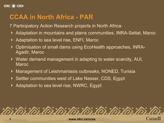 CCAA in North Africa - PAR 7 Participatory Action Research projects in North Africa: Adaptation in mountains and plains communities, INRA-Settat, Maroc Adaptation to sea level rise, ENFI, Maroc Optimisation of small dams using EcoHealth approaches, INRA-Agadir, Maroc  Water demand management in adapting to water scarcity, AUI, Maroc Management of Leishmaniasis outbreaks, NONED, Tunisia  Settler communities west of Lake Nasser, CDS, Egypt Adaptation to sea level rise, NWRC, Egypt 