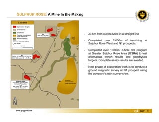 www.guygold.com 17
SULPHUR ROSE: A Mine In the Making
• 23 km from Aurora Mine in a straight line
• Completed over 2,000m of trenching at
Sulphur Rose West and N1 prospects.
• Completed over 1,000m, 6-hole drill program
at Greater Sulphur Rose Area (GSRA) to test
anomalous trench results and geophysics
targets. Complete assay results are awaited.
• Next phase of exploration work is to conduct a
ground magnetic survey at N1 prospect using
the company’s own survey crew.
 