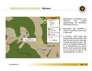 www.guygold.com 18
GREENFIELDS EXPLORATION: Wynamu
• Mobilization is complete to the
Wynamu site located
approximately 40 kilometres
north east of Aurora.
• Exploration has identified a
series of auriferous zones over
a wide area.
• A six-hole, 1,200 meter drill
program has commenced in Q4
that will test the tenor and side
of these anomalous areas. The
area of immediate interest, ZOI
4, is characterized by trench
WYT3 which returned 6 metres
of 4.21 g/t Au as well as 58
metres grading 1.21 g/t Au.
 