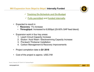 www.guygold.com 7
Mill Expansion from 5ktpd to 8ktpd: Internally Funded
Source: February 2017 NI-43 101 Technical Report
 Tracking On-Schedule and On-Budget
 Fully permitted and funded internally
• Expected to result in:
• Recovery: 1% increase
• Throughput: Increased to 8,000tpd (25-50% SAP feed blend)
• Expansion work in four key areas:
1. Leach Circuit Capacity Increase
2. Elution / Acid Wash / Electrowinning Capacity Increase
3. Pre-leach Thickener Installation
4. Carbon Management & Recovery Improvements
• Project completion date is Q1 2018
• Cost of the project is approx. US$ 21M
 