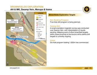 www.guygold.com 15
BROWNFIELDS EXPLORATION:
AH & MK, Swamp Vein, Marupa & Iroma
Brownfields Exploration Targets
• Ken Reading Prospect
Five-hole drill program is being planned.
• Swamp Vein
A small orientation magnetic survey was conducted
over Swamp Vein, with interpretation of results
pending. Mapping work of other brownfield targets
within close proximity to the Aurora mill to define drill
targets is currently ongoing.
• Iroma:
Six-hole program totaling 1,600m has commenced.
Ken Reading Prospect
 