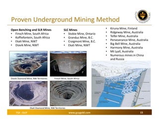 Proven Underground Mining Method
Open Benching and SLR Mines
• Finsch Mine, South Africa
• Koffiefontein, South Africa
• Ekati Mine, NWT
• Diavik Mine, NWT

Diavik Diamond Mine, NW Territories

SLC Mines
• Stobie Mine, Ontario
• Granduc Mine, B.C.
• Craigmont Mine, B.C.
• Ekati Mine, NWT

•
•
•
•
•
•
•
•

Kiruna Mine, Finland
Ridgeway Mine, Australia
Telfer Mine, Australia
Perseverance Mine, Australia
Big Bell Mine, Australia
Harmony Mine, Australia
Mt Lyall, Australia
Numerous mines in China 
and Russia

Finsch Mine, South Africa

Ekati Diamond Mine, NW Territories

TSX : GUY

www.guygold.com

15

 