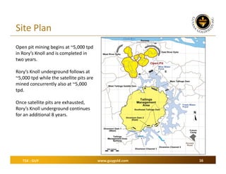 Site Plan
Open pit mining begins at ~5,000 tpd 
in Rory’s Knoll and is completed in 
two years.
Rory’s Knoll underground follows at 
~5,000 tpd while the satellite pits are 
mined concurrently also at ~5,000 
tpd.
Once satellite pits are exhausted, 
Rory’s Knoll underground continues 
for an additional 8 years.

TSX : GUY

www.guygold.com

16

 