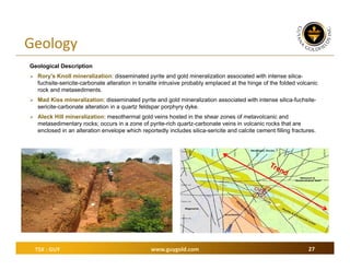 Geology
Geological Description
 Rory's Knoll mineralization: disseminated pyrite and gold mineralization associated with intense silica-

fuchsite-sericite-carbonate alteration in tonalite intrusive probably emplaced at the hinge of the folded volcanic
rock and metasediments.
 Mad Kiss mineralization: disseminated pyrite and gold mineralization associated with intense silica-fuchsite-

sericite-carbonate alteration in a quartz feldspar porphyry dyke.
 Aleck Hill mineralization: mesothermal gold veins hosted in the shear zones of metavolcanic and

metasedimentary rocks; occurs in a zone of pyrite-rich quartz-carbonate veins in volcanic rocks that are
enclosed in an alteration envelope which reportedly includes silica-sericite and calcite cement filling fractures.

TSX : GUY

www.guygold.com

27

 