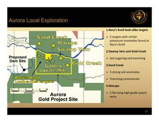 Aurora Local Exploration
p
1.Rory’s Knoll look‐alike targets
 3 targets with similar
g
potassium anomalies found at
Rory’s Knoll
2.Swamp Vein and Gold Creek
 Soil augering and trenching
3.Sand Creek
 3 strong soil anomalies
 Trenching commenced
4.Marupa
 2 flat lying high grade quartz
veins
17
 