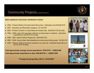 Community Projects (2002-Present)
y j ( )
Select significant community contributions include:
 2008 – Present: Bartica Commemoration Monument – Estimated cost of $4-6M GYD
 2007 – Education and Recreation programs - $1.1M GYD
 2006 – Present: Donation to assist National Freedom Day - $300,000 GYD annually
 2006 – 2008: Large GUY generator utilized to provide power to residents – Estimated
expenditure of $3.2M GYD annually
 2006 – 2007: Itabali Children Playground - $445,000 GYD
 2005 – 2006: Aranka Water Well established providing safe drinking water - $3.2M GYD
p g g
 2002 – Present: Medical services & assistance on camp site - Estimated expenditure of
$2-5 M GYD annually
Total approximate average annual expenditure: $7M GYD = ~US$34 500
Total approximate average annual expenditure: $7M GYD = ~US$34,500
Total approximate expenditure to date: $48.2M GYD = ~US$237,800
**Foreign Exchange Rate: US $1 = GYD $200**
42
Foreign Exchange Rate: US $1 GYD $200
 