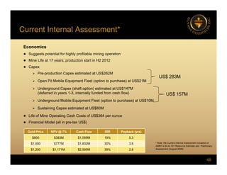 Current Internal Assessment*
Economics
 Suggests potential for highly profitable mining operation
 Suggests potential for highly profitable mining operation
 Mine Life at 17 years; production start in H2 2012
 Capex
 Pre-production Capex estimated at US$262M
US$ 283M
 Open Pit Mobile Equipment Fleet (option to purchase) at US$21M
 Underground Capex (shaft option) estimated at US$147M
(deferred in years 1-3, internally funded from cash flow)
US$ 283M
US$ 157M
 Underground Mobile Equipment Fleet (option to purchase) at US$10M
 Sustaining Capex estimated at US$80M
 Life of Mine Operating Cash Costs of US$364 per ounce
$
 Financial Model (all in pre-tax US$)
Gold Price NPV @ 7% Cash Flow IRR Payback (yrs)
$800 $383M $1,069M 19% 5.3
$1 000 $777M $1 832M 30% 3 6 * Note: the Current Internal Assessment is based on
48
$1,000 $777M $1,832M 30% 3.6
$1,200 $1,171M $2,595M 39% 2.8
* Note: the Current Internal Assessment is based on
AMEC’s NI 43-101 Resource Estimate and Preliminary
Assessment (August 2009)
 