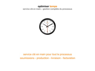 service clé en main pour tout le processus
soumissions - production - livraison - facturation
optimiser temps
service clé en main – gestion complète du processus
 