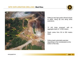 www.guygold.com 15
SITE EXPLORATION DRILLING: Mad Kiss
• Drilling to test high grade inferred shoots
at depth, along dip and along strike
extensions.
• 10 drill holes proposed, with an
aggregate depth of ~2,000 meters.
• Depth varies from 50 to 200 meters
deep.
• Drilling depth potentially extended
depending on the mineralization at the
bottom of the hole.
 