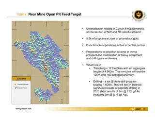 www.guygold.com 20
Iroma: Near Mine Open Pit Feed Target
• Mineralisation hosted in Cuyuin Fm(Sediments)
at intersection of NW and NE structural trend.
• 8.5km long central zone of anomalous gold.
• Pork Knocker operations active in central portion
• Preparations to establish a camp in Iroma
prospect and mobilization of heavy equipment
and drill rig are underway.
• What’s next:
• Trenching – 17 trenches with an aggregate
length of 4,800m. The trenches will test the
12km long >50 ppb gold anomaly.
• Drilling – a six (6) hole drill program
totaling 1,600m. This will test in bedrock
significant results of saprolite drilling in
2013 (best results of 9m @ 2.28 g/t Au
including 3m @ 8.17 g/t Au).
 