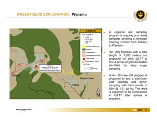 www.guygold.com 22
GREENFIELDS EXPLORATION: Wynamu
 A regional soil sampling
program is ongoing and nearly
complete covering a northeast
trending corridor from Kalaloo
to Wynamu.
 Ten (10) trenches with a total
length of 1,500 meters are
proposed for early Q3’17 to
test a series of gold anomalies
identified by deep auger
sampling.
 A ten (10) hole drill program is
proposed to test a significant
gold anomaly and trench
sampling with best results of
58m @ 1.21 g/t Au. This work
is expected to be commenced
in Q3’17 after access is
prepared.
 