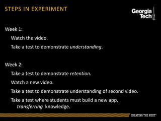 Week 1:
Watch the video.
Take a test to demonstrate understanding.
Week 2:
Take a test to demonstrate retention.
Watch a new video.
Take a test to demonstrate understanding of second video.
Take a test where students must build a new app,
transferring knowledge.
STEPS IN EXPERIMENT
 