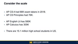 Consider the scale
▪ AP CS A had 66K exam takers in 2018.
▪ AP CS Principles had 76K.
▪ AP English Lit has 580K
▪ AP Calculus has 305K
▪ There are 15.1 million high school students in US.
7
 