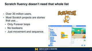 Scratch fluency doesn’t need that whole list
▪ Over 30 million users.
▪ Most Scratch projects are stories
that use…
▪ Only Forever loops
▪ No booleans
▪ Just movement and sequence.
29
 