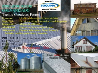 ZINC-ZINCALUM GALVANIZADO Techos-Canaletas-Forros  Corrosión  :Lluvia-Niebla salina-Humo de leña Superficie  :Ceras y aceites-eliminarlos con detergentes Intemperie  :Mejora la adherencia  Alcalinidad  :Ligera; se forma óxido de zinc Adherencia  :Puentes adherentes, Wash Primer y      Sellador  acrílico para óleos y esmaltes   PRODUCTOS  que no necesitan adherentes: LATEX Pajarito ESMALTE al agua Pajarito y Constructor   Techocryl para   Fibrocemento   y   Zinc. Efecto   perleo  del agua Presencia de  aceite 