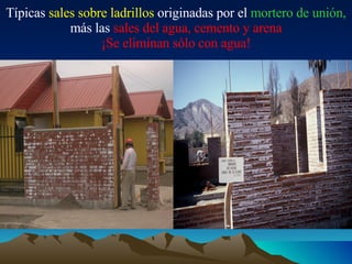 Típicas  sales sobre ladrillos  originadas por el  mortero de unión,  más las  sales del agua, cemento y arena ¡Se eliminan sólo con agua! 
