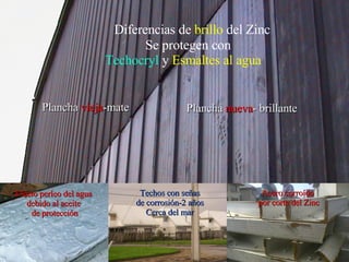 Zinc   nuevo  y  viejo Diferencias de  brillo  del Zinc Se protegen con Techocryl  y  Esmaltes al agua Plancha  vieja -mate Plancha  nueva - brillante Efecto perleo del agua debido al aceite de protección Acero corroído por corte del Zinc Techos con señas de corrosión-2 años Cerca del mar 