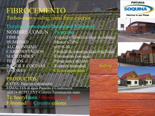 FIBROCEMENTO Techos-muros-siding como forro exterior   Eterplac-Econoboard-Duraboard-Northway NOMBRE COMUN :Pizarreño  FIBRA :Vegetal + Sintética-libre de asbesto HUMEDAD :Menor a 20% ALCALINIDAD   :pH=8-10 CARBONATACION  :Pérdida de estanqueidad-fragilidad SUCIEDADES   :Eliminarlas con agua TECHOS :Pintar antes del año BAÑOS Y COCINAS  :Resisten humedad   UNIONES   :Clavos especiales PRODUCTOS:   LATEX  Pajarito-Constructor  ESMALTES al agua Pajarito y Constructor AGUA-REPELENT-Colores-Terminación mate. Techocryl  para  Fibrocemento  y  Zinc. Fibromad  de  Ceresita - colores  Siding 