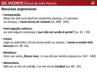 GIL VICENTE|Farsa de Inês Pereira
Recursos expressivos
• Comparação:
Moça de vila será ela/com sinalzinho postiço, / e sarnosa
no toutiço, / como burra de Castela (vv. 498 - 501)
• Interrogação retórica:
ou sam algum caramujo / oue não sai senão à porta? (vv. 32 - 33)
• Ironia:
Logo eu adivinhei / lá na missa onde eu estava, / como a minha Inês
lavrava (vv. 39 -41)
• Metáfora:
Deos vos salve, fresca rosa, / e vos dê por minha esposa (vv. 543 - 544)
• Metonímia:
Não sei se me vá a el rei, / se me vá ao Cardeal (vv. 80 - 81)
 